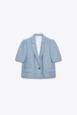 ZARA УКОРОЧЕННЫЙ БЛЕЙЗЕР С КОРОТКИМИ РУКАВАМИ, СИНИЙ