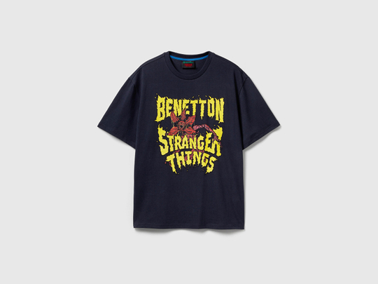 Benetton Футболка классического кроя из 100% хлопка с принтом Stranger Things, темно-синий