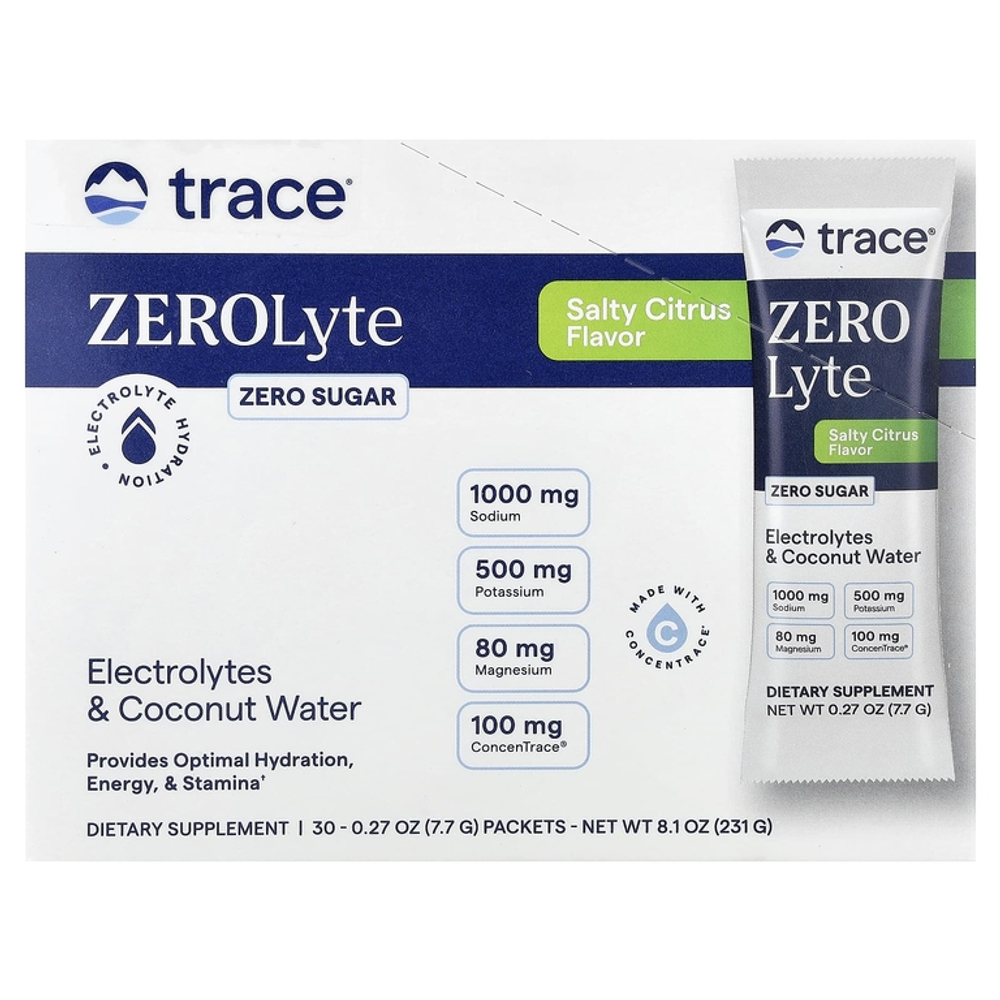 Trace, ZEROlyte, электролит и кокосовая вода, salty citrus lemonade flavor, 30 пакетиков.