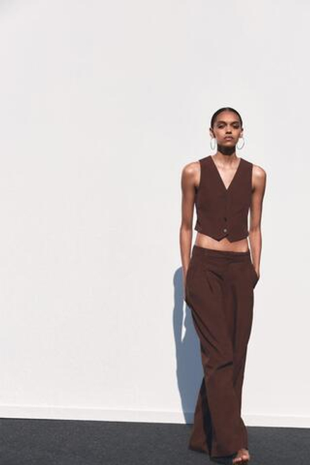 ZARA БРЮКИ С ЗАЩИПАМИ, ТЕМНО-КОРИЧНЕВЫЙ