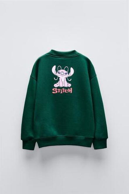 ZARA ТОЛСТОВКА С ПРИНТОМ STITCH & ANGEL © DISNE, ТЕМНО-ЗЕЛЕНЫЙ