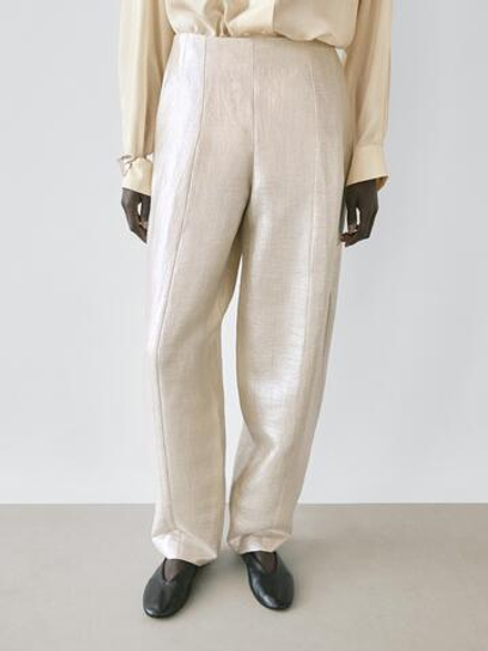 Massimo Dutti Струящиеся брюки из металлизированного льна, бежевый