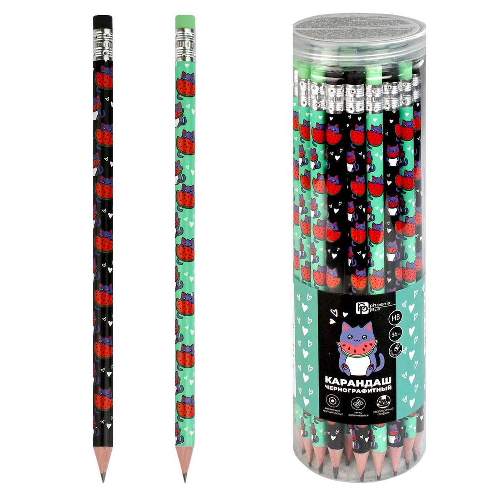 Карандаш ч/г HB "Котенок с арбузом" форма круглая, дерево, с ластиком, ассорти (Феникс+)
