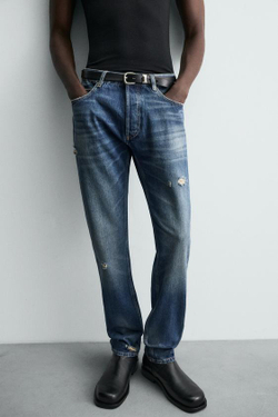 ZARA ДЖИНСЫ SLIM FIT С РАЗРЕЗАМИ, ВЫЦВЕТШИЙ СИНИЙ