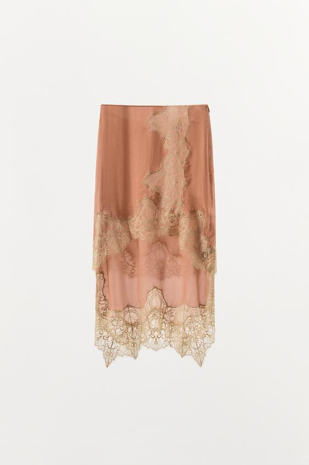 ZARA ЮБКА ИЗ ЖОРЖЕТА С КОНТРАСТНЫМ КРУЖЕВОМ, РОЗОВЫЙ