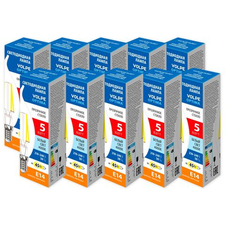LED-CW35-5W-4000K-E14-CL-SLF Набор из 10штук Лампа светодиодная. Форма свеча на ветру. прозрачная. Серия Optima Филамент. Белый свет 4000К. ТМ Volpe