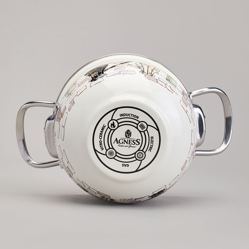 КАСТРЮЛЯ AGNESS ЭМАЛИРОВАННАЯ СО СТЕКЛЯННОЙ КРЫШКОЙ СЕРИЯ "LAVENDER CATS", 1,5 Л ДИА. 16СМ