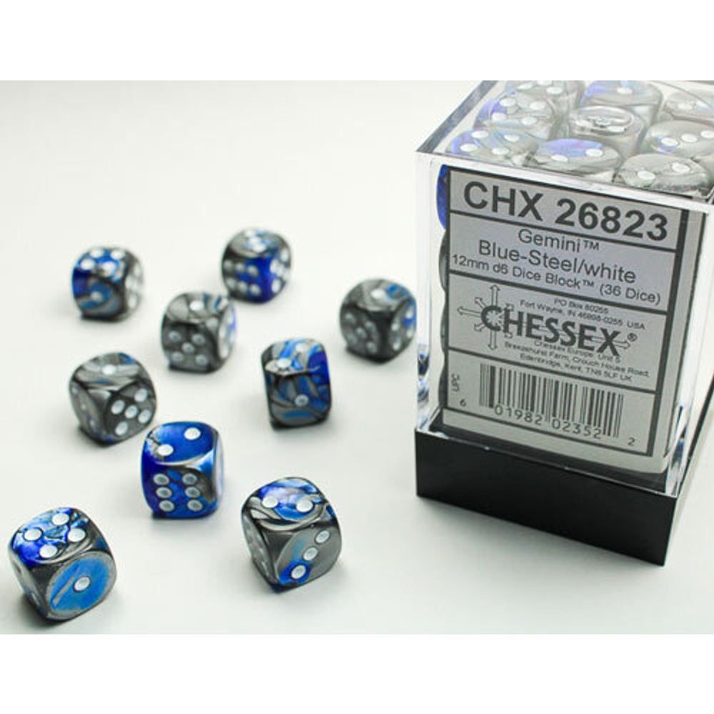 Chessex 36-D6 set Gemini Blue Steel/White