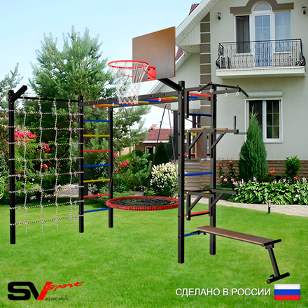 Уличная шведская стенка Sv Sport рукоход с комплектом турник прямой У5275К (Турник/Брусья/Стойка/Скамья/Гнездо 80см/Щит баскет/Кронш бокс/Сетка)