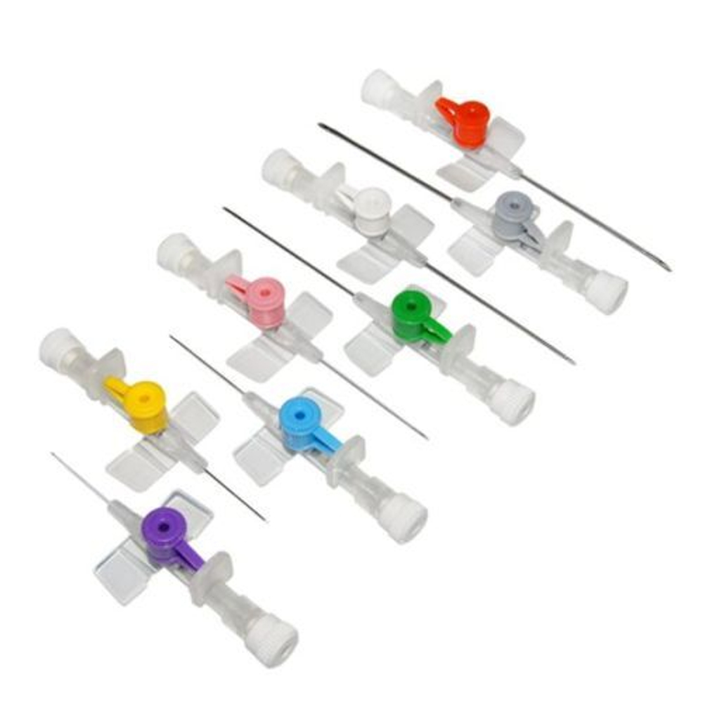 Катетер внутривенный (канюля) 24G 0.7 х 19 мм, цвет желтый, с дополнительным портом и крыльями, материал тефлон, Polyfon, 10 ШТ