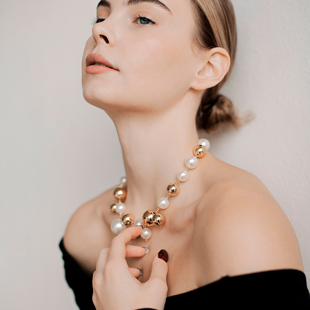 Бусы крупный жемчуг, белый, золото