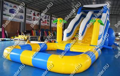 Надувная водная горка с бассейном «Пляжный оазис» с закруглённым бортом, 13*4,5*6 м