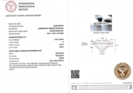 Лабораторно-выращенный бриллиант Кр-57 5.24-5.26 мм D/VVS2 0.55 ct