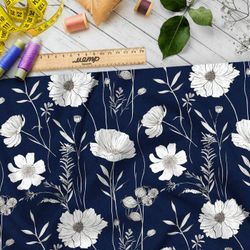 Ткань премиум шелк искусственный Армани белые полевые цветы на белом