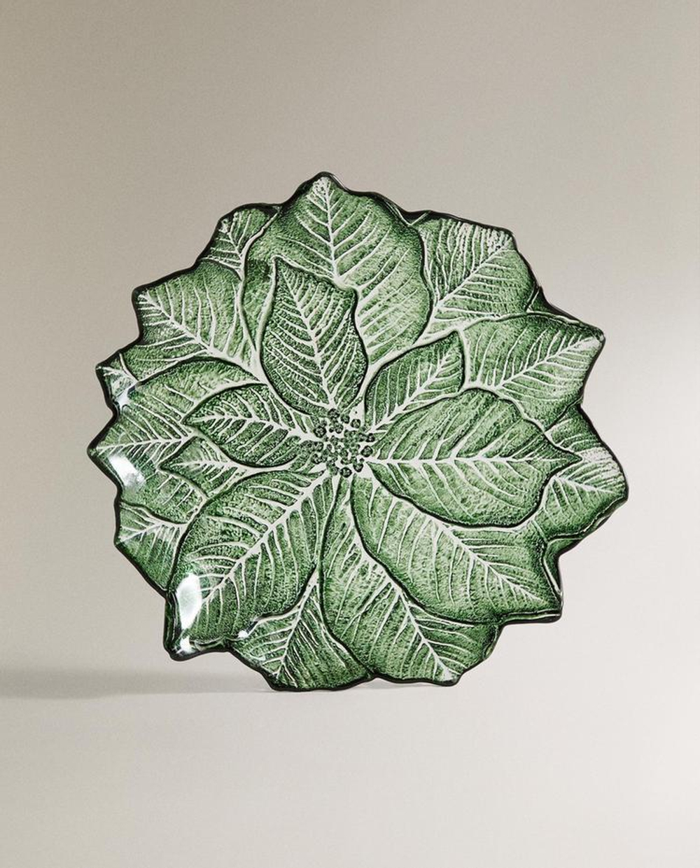ZARA HOME НОВОГОДНЯЯ ДЕСЕРТНАЯ ТАРЕЛКА ИЗ СТЕКЛА В ФОРМЕ ЦВЕТКА, ЗЕЛЕНЫЙ