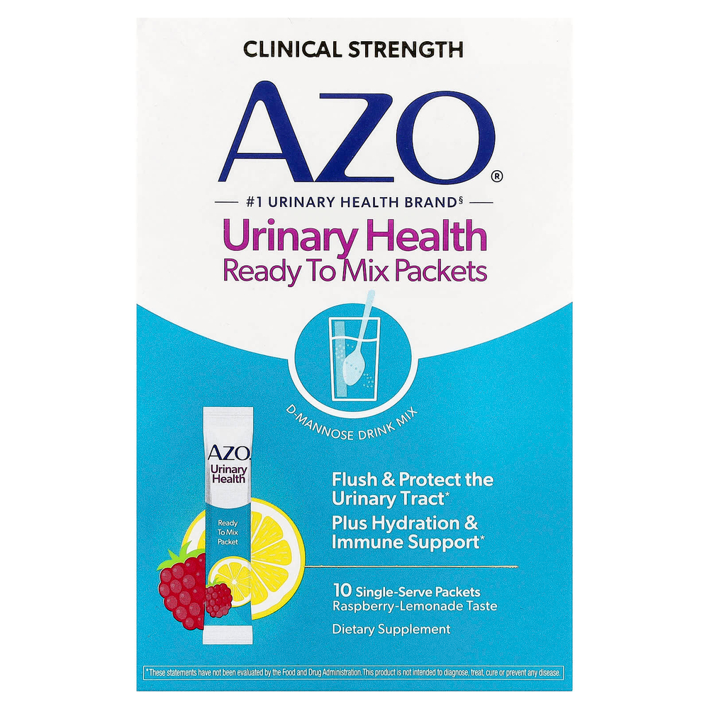 AZO, Urinary Health, готовые к смешиванию пакетики, малина и лимонад, 10 порционных пакетиков по 5,3 г (0,19 унции)