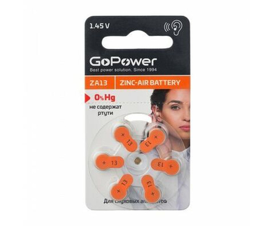 Батарейка для слуховых аппаратов GoPower ZA13 BL6 Zinc Air