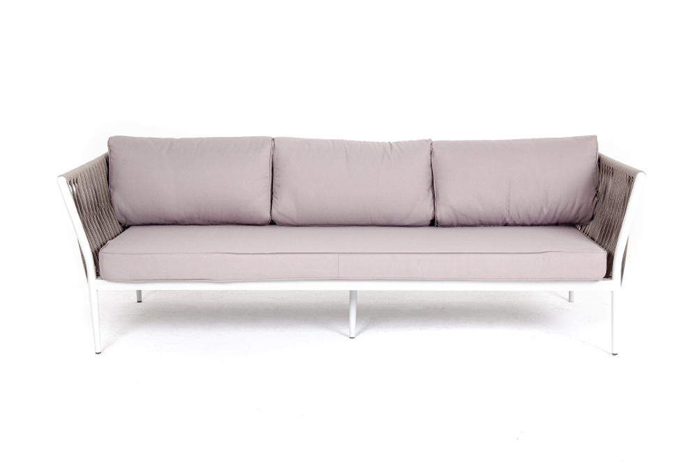 "Касабланка" диван 3-местный плетеный из роупа, каркас алюминий светло-серый (RAL7035) муар, роуп серо-коричневый 23мм, ткань серая 017