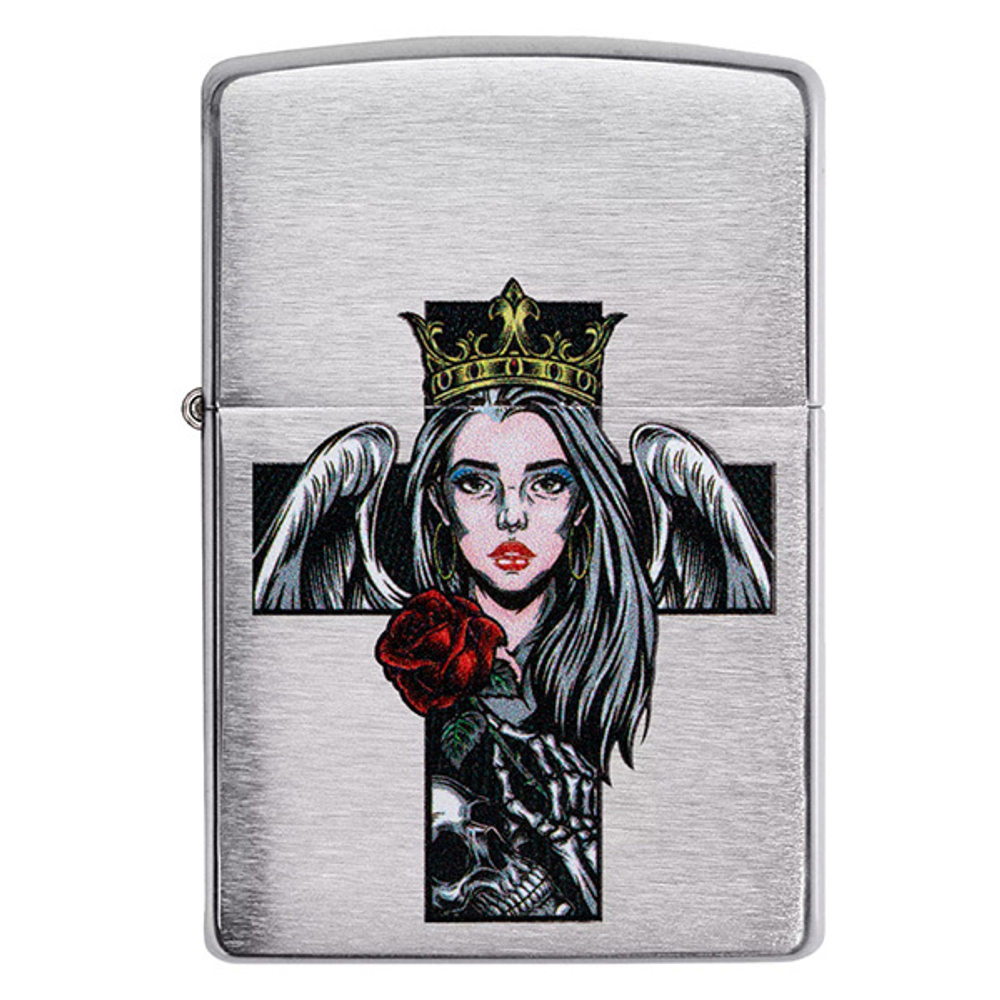 Зажигалка Zippo Cross Queen and Skull Design с покрытием Brushed Chrome