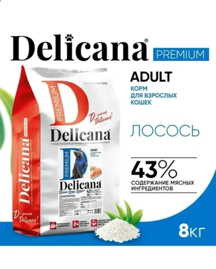 DELICANA сухой полнорационный корм для взрослых кошек с лососем 8кг