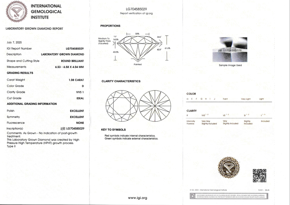 Лабораторно-выращенный бриллиант Кр-57 6.53-6.58 мм D/VVS1 1.08 ct