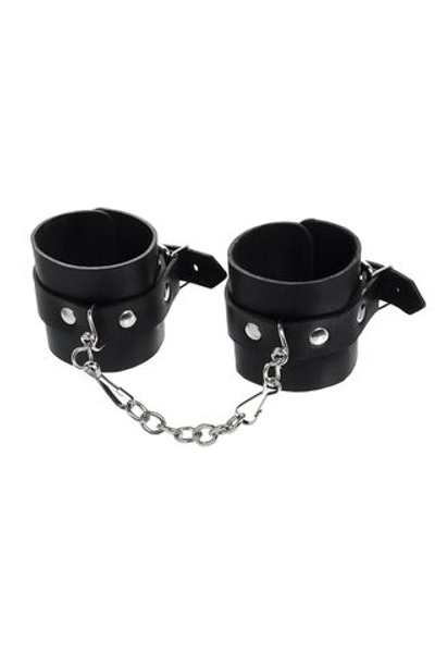 Черные однослойные наручники из натуральной кожи с цепочкой (Цвет: черный)