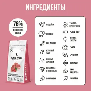 Сухой корм BOWL WOW для щенков средних пород со свежим ягненком, индейкой, рисом и брусникой