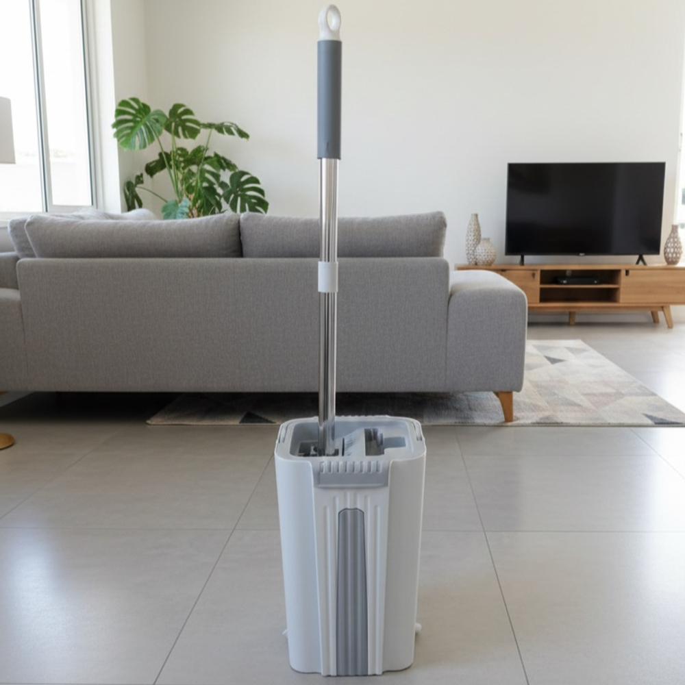 Набор для уборки (Швабра для мытья полов с телескопической ручкой, насадка из микрофибры, ведро с отжимом)