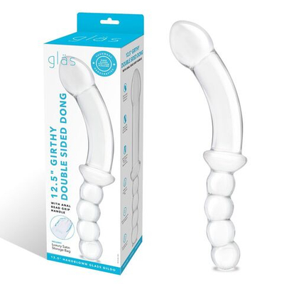Стеклянный двусторонний фаллоимитатор 12,5’’ Girthy Double Sided Dong With Anal Bead Grip Handle - 32 см. (Цвет: прозрачный)