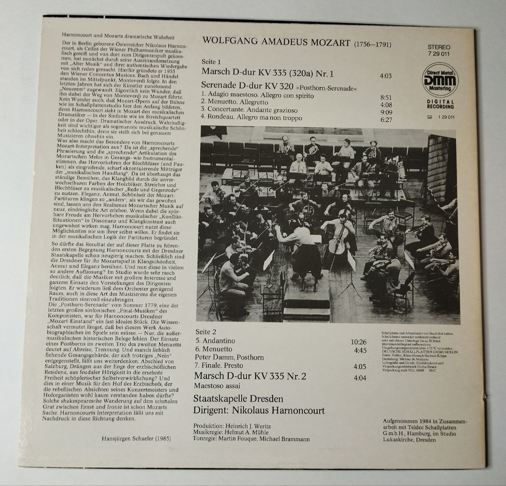 Винтажная виниловая пластинка LP Harnoncourt, Dirigiert Mozart Staatskapelle Dresden, Posthorn Serenade KV 320 (ГДР 1989)