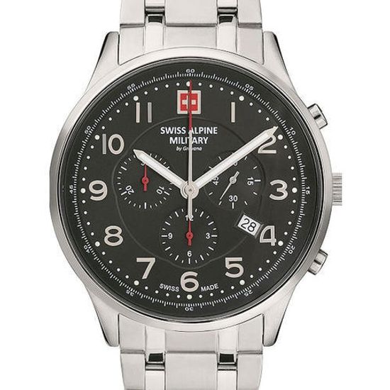С браслетом Мужские наручные часы с серебряным браслетом Swiss Alpine Military 7084.9137 Chronograph 43mm 10ATM