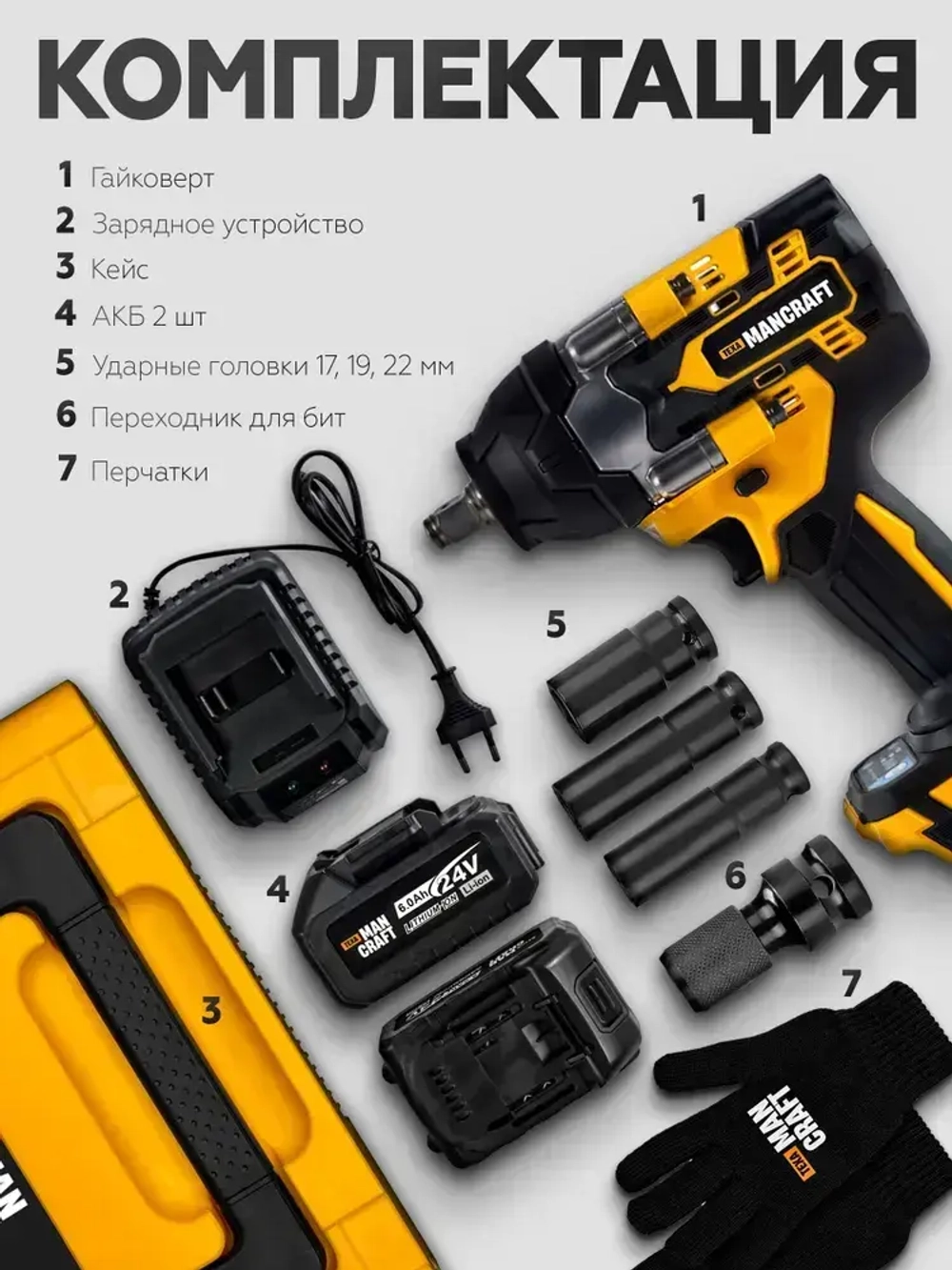 Гайковерт аккумуляторный ударный MANCRAFT бесщеточный 24В, 5500 об/мин, 1800 Hm, кейс, 2 акб