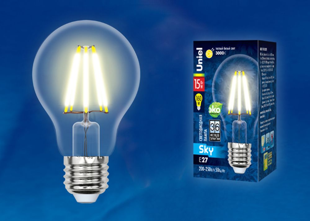 LED-A70-15W/3000K/E27/CL PLS02WH Лампа светодиодная. Форма A, прозрачная. Серия Sky. Теплый белый свет (3000K). Картон. ТМ Uniel.