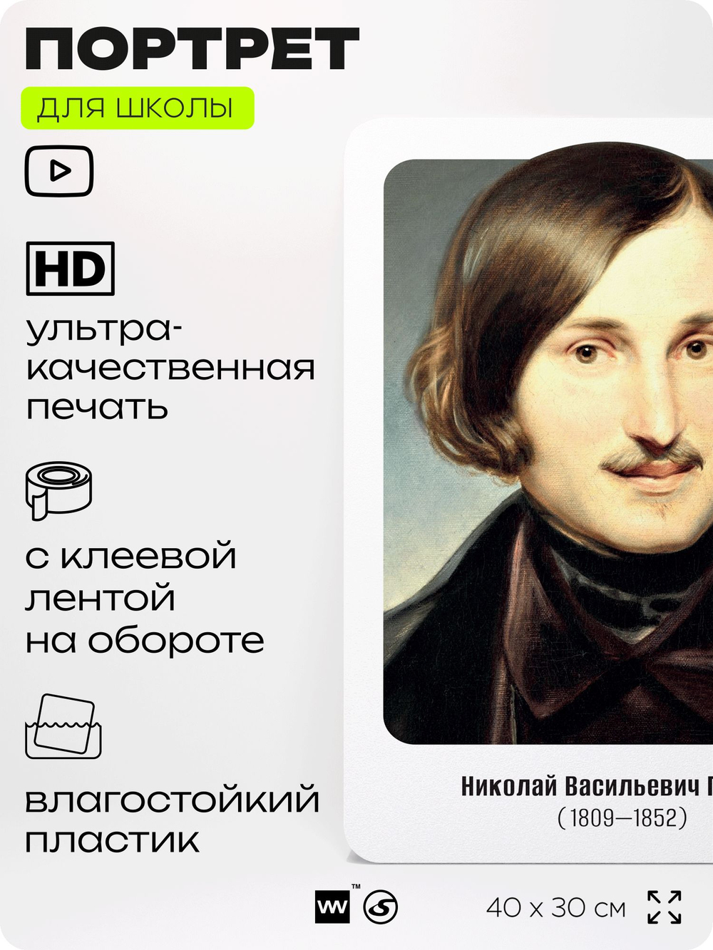 Портрет для школы в кабинет литературы и русского языка "Гоголь Николай Васильевич", стенд школьный для класса, для оформления классного уголка, 40х30 см, Silver Plane x Айдентика Технолоджи