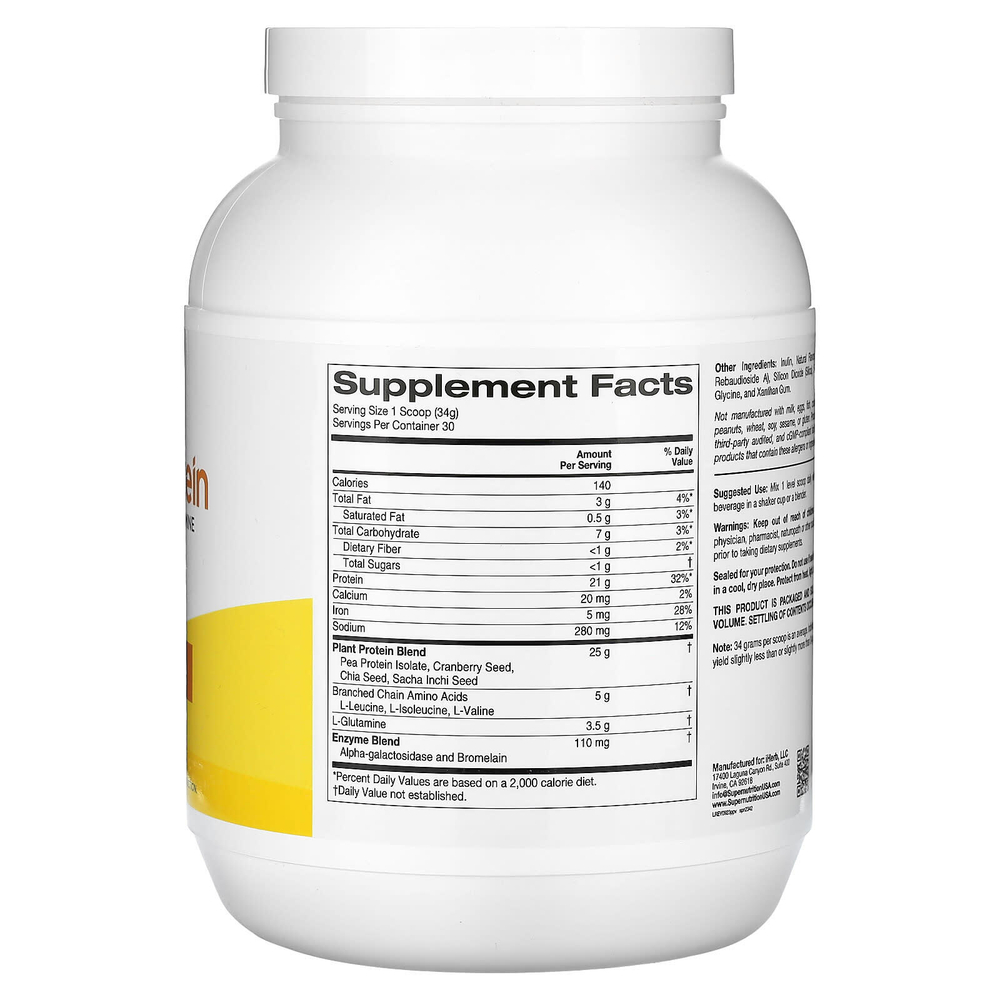Super Nutrition, растительный протеин с изолятом горохового протеина, BCAA, семенами клюквы, чиа и инка инчи, ваниль, 1020 г (2,2 фунта)