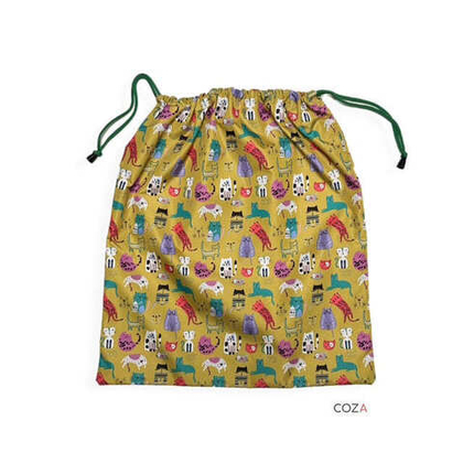 Мешок COZA для хранения вещей с принтом "Котики", горчичный фон, на шнурке, 33х37 см