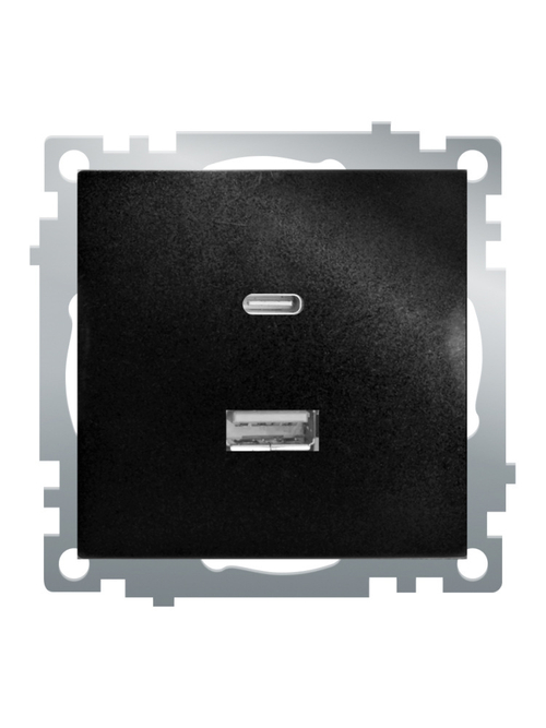 Розетка 2-местная USB + type C (механизм), STEKKER GLS10-7116-05, 250B, 3А, серия Катрин, черный 50055