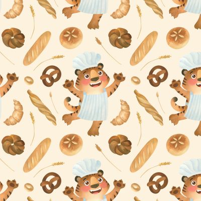 Тигр повар с кондитерскими изделиями, хлеб, булочки