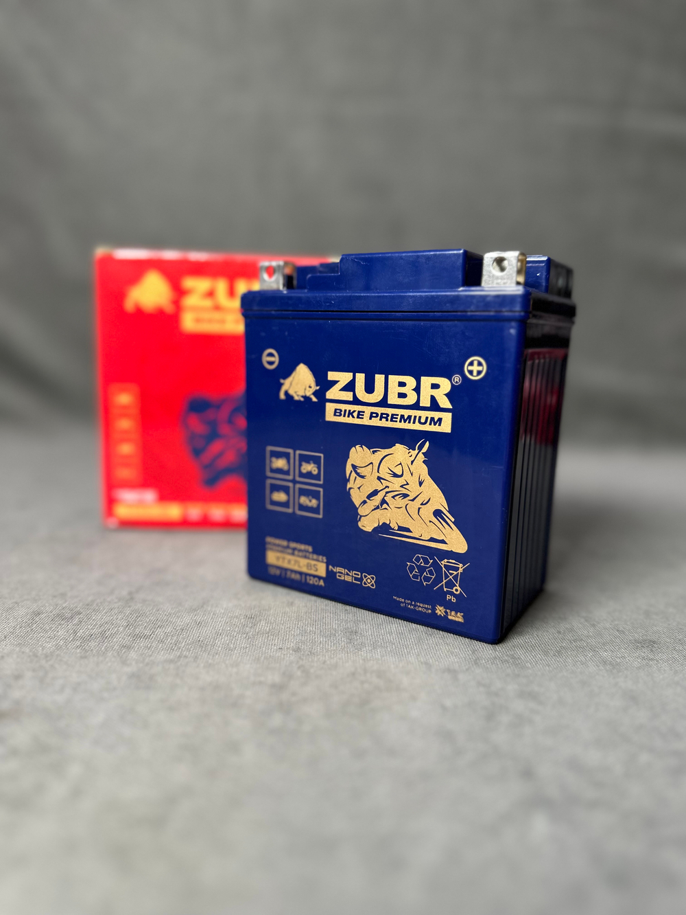 Аккумулятор для мотоцикла ZUBR (7 Ah) 120 A, 12 V Обратная, R+ YTX7L-BS (ZubrPrem)