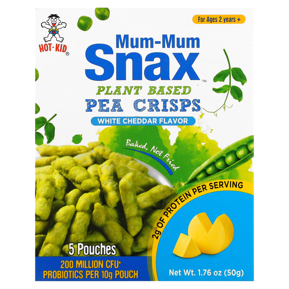Hot Kid, Mum-Mum Snax, печеные гороховые снеки, для детей от 2 лет, белый чеддер, 5 пакетиков по 10 г