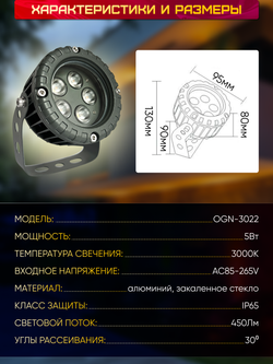 Прожектор для архитектурного и ландшафтного освещения 220V 5W 3000К теплый белый, угол 30 градусов