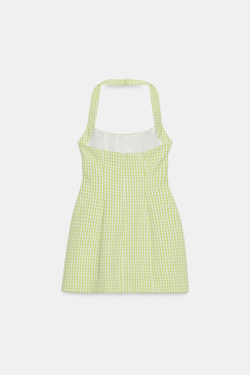 ZARA ПЛАТЬЕ ХАЛТЕР В КЛЕТКУ ВИШИ, НЕОНОВЫЙ ЛАЙМОВЫЙ