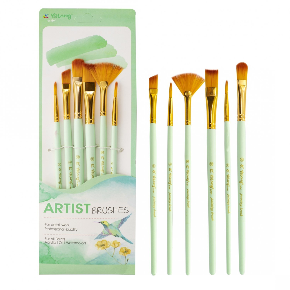 Набор кистей Yalong, 6 шт, нейлон, круглая №2, №4, плоская №6, №10, №12, веерная №8, деревянная ручка, блистер, европодвес