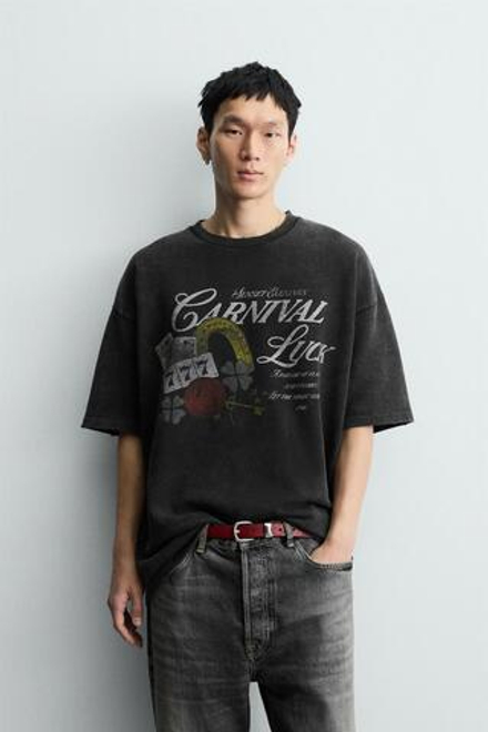 ZARA ТОЛСТОВКА С КОМБИНИРОВАННЫМ ПРИНТОМ, ТЕМНЫЙ АНТРАЦИТ