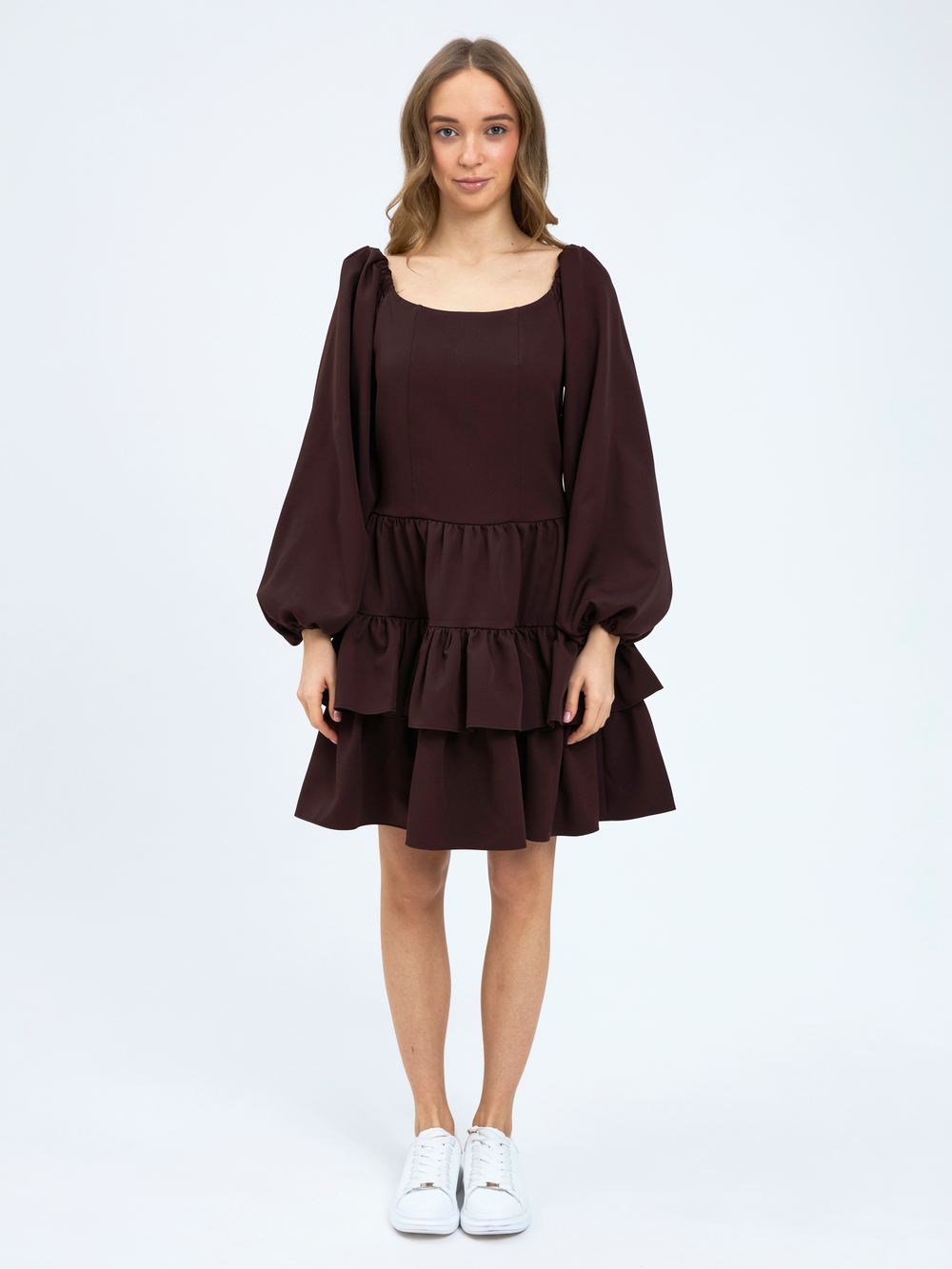 Платье праздничное ярусное с воланами для девочки коричневое