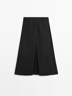 Massimo Dutti Миди-юбка из смесовой хлопковой ткани с плиссировкой, черный