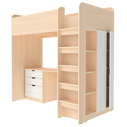 Кровать-чердак КарИВи Polini Simple с письменным столом и Шкаф КарИВиом  Дуб Молочный Белое Дерево