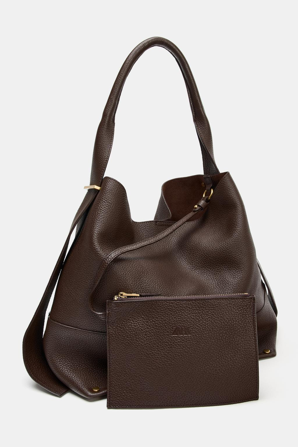 ZARA БОЛЬШАЯ КОЖАНАЯ СУМКА-МЕШОК, КОРИЧНЕВЫЙ