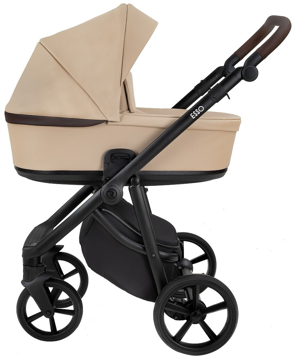Детская коляска Roan Esso 2025 Кожа 2 в 1 ESSK/212/1 Caramel/Black/руч.Тем.коричневый