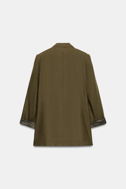 ZARA БЛЕЙЗЕР ИЗ СМЕСОВОГО ЛЬНА С ПОДВЕРНУТЫМИ РУКАВАМИ, ТЕМНЫЙ ХАКИ